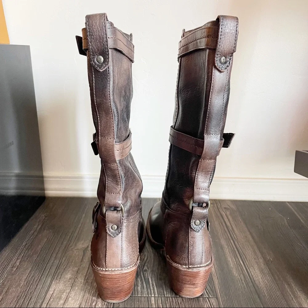 Frye Brown Leather Mid-Calf Buckle Boots - Picture 5 of 10